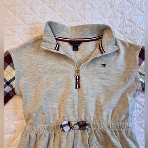 Tommy Hilfiger girls dress. Gray with plaid sleeves. 98% cotton. Size 6X